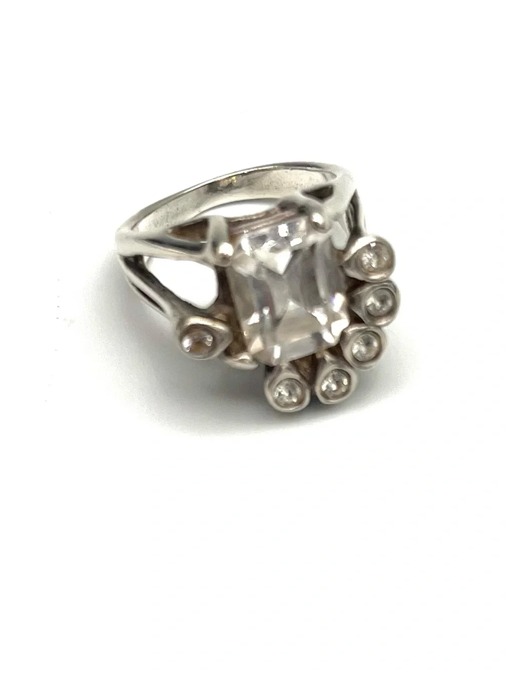Eisenberg Vintage Sterling Silver Clear Emerald-Cut Cluster Cocktail Ring White